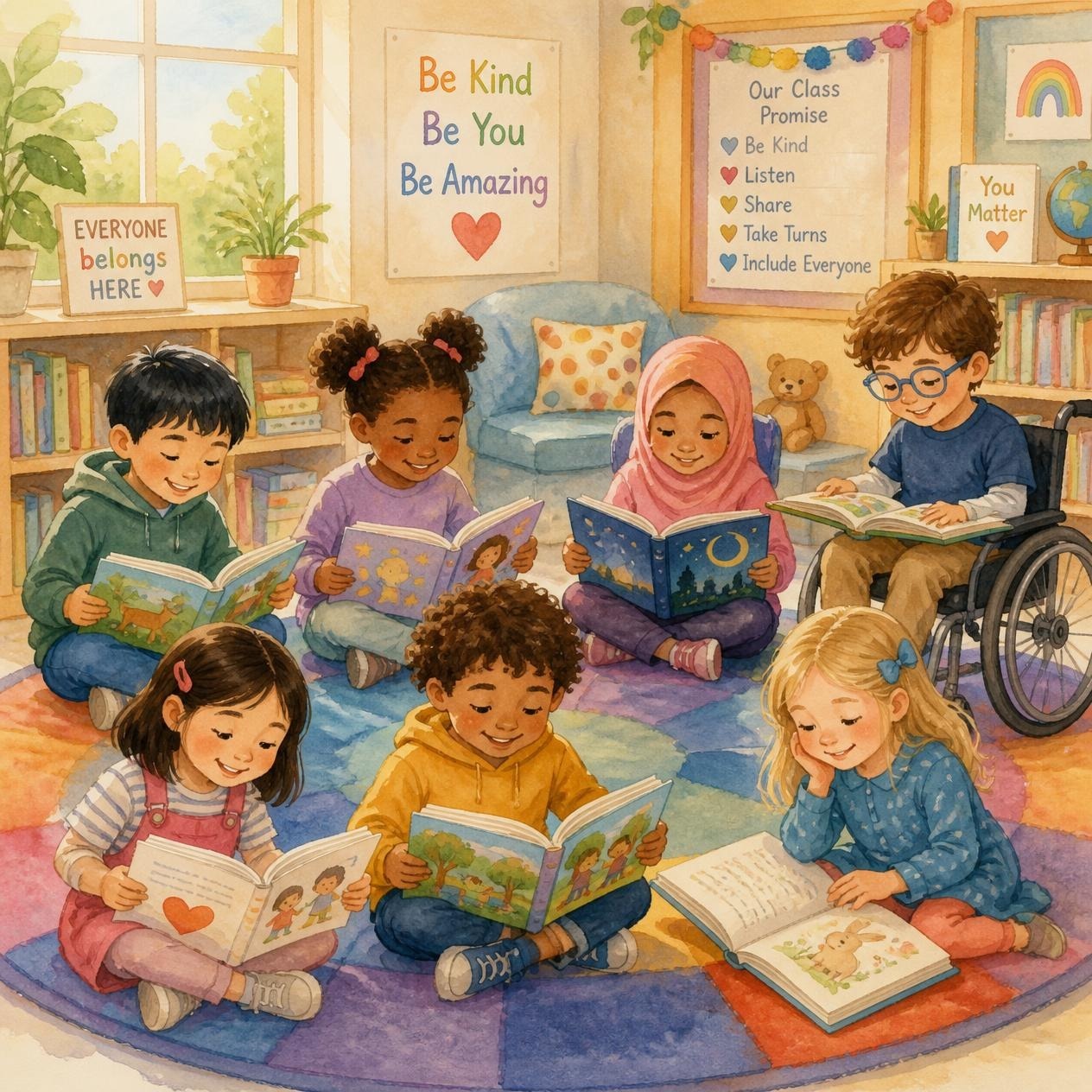 Diverse young children reading inclusive picture books in a classroom