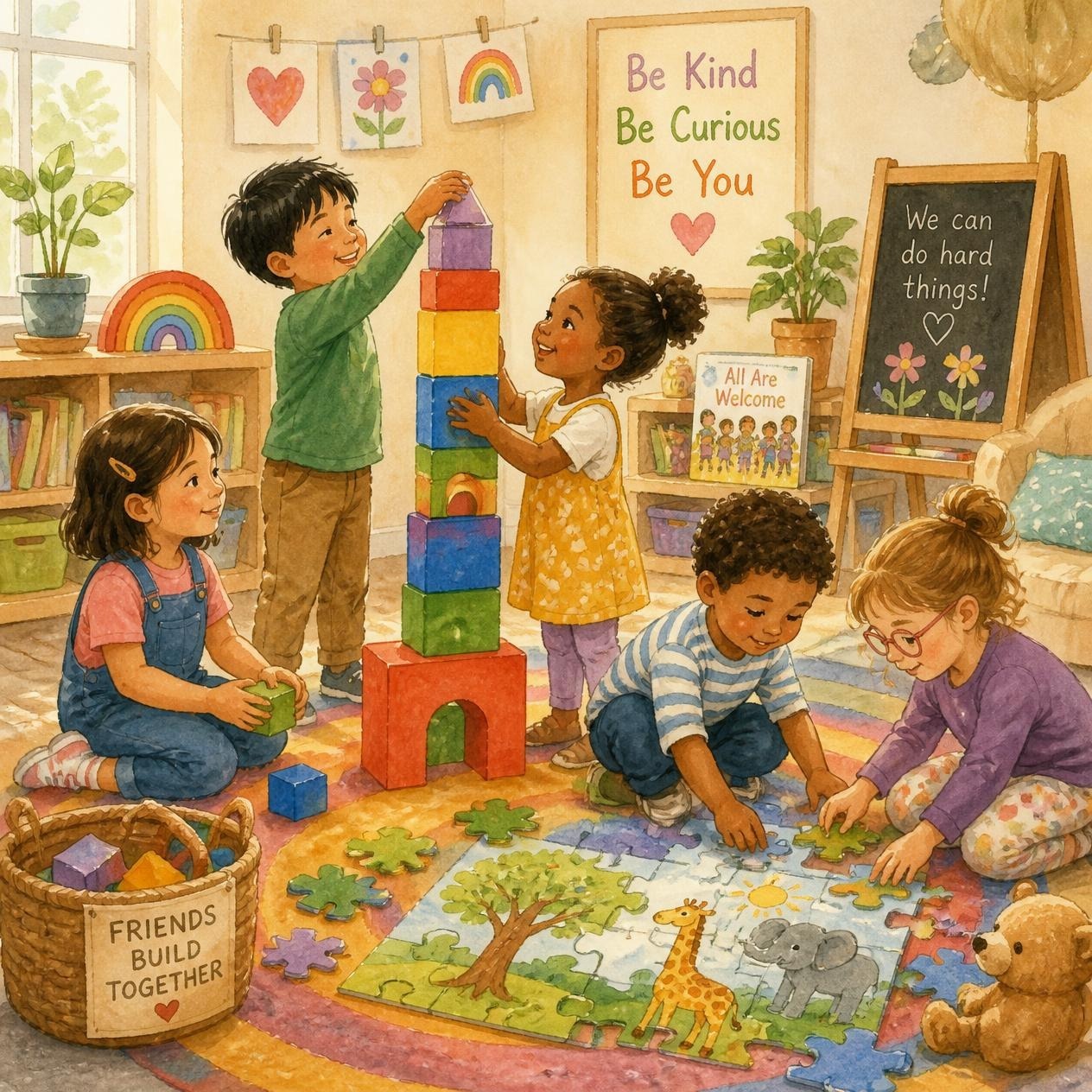 Young children practicing social-emotional learning activities through teamwork and kindness